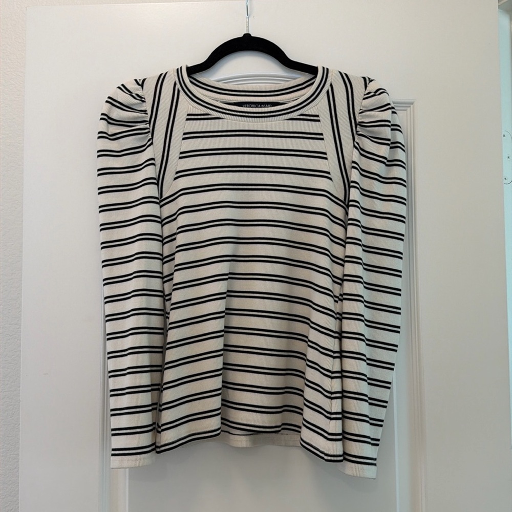 Veronica Beard Delano Striped Pima Cotton Puff Shoulder Top Size S